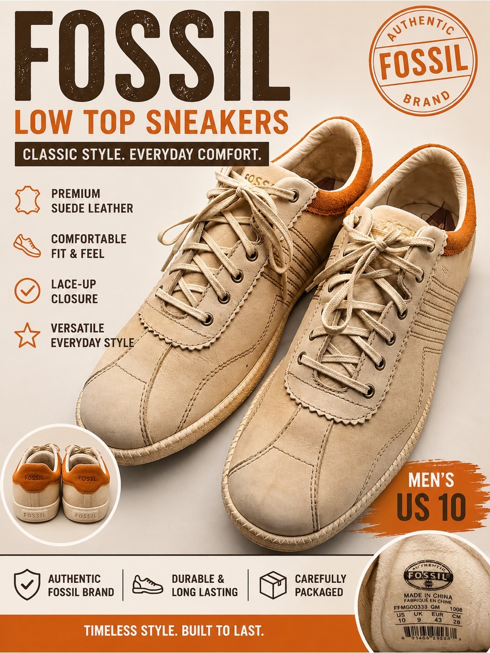 Fossil Men’s Leather Low Top Sneakers Cream & Orange Size 10 – Retro Casual Lace
